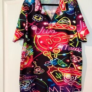 Vibrant Neon Graphic Men's Casual Button Down Shirt- Viva Mexico! New!